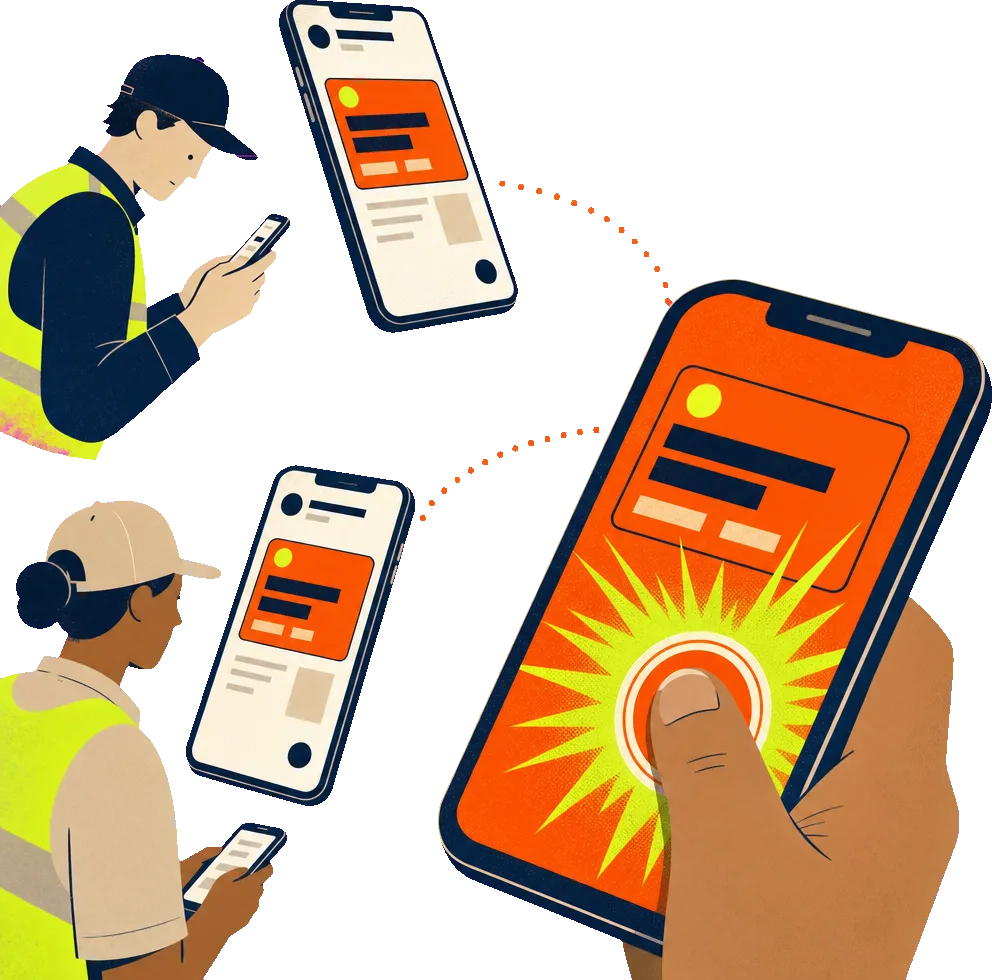 Four technicians see the same new job on their phones; one taps first and claims it.