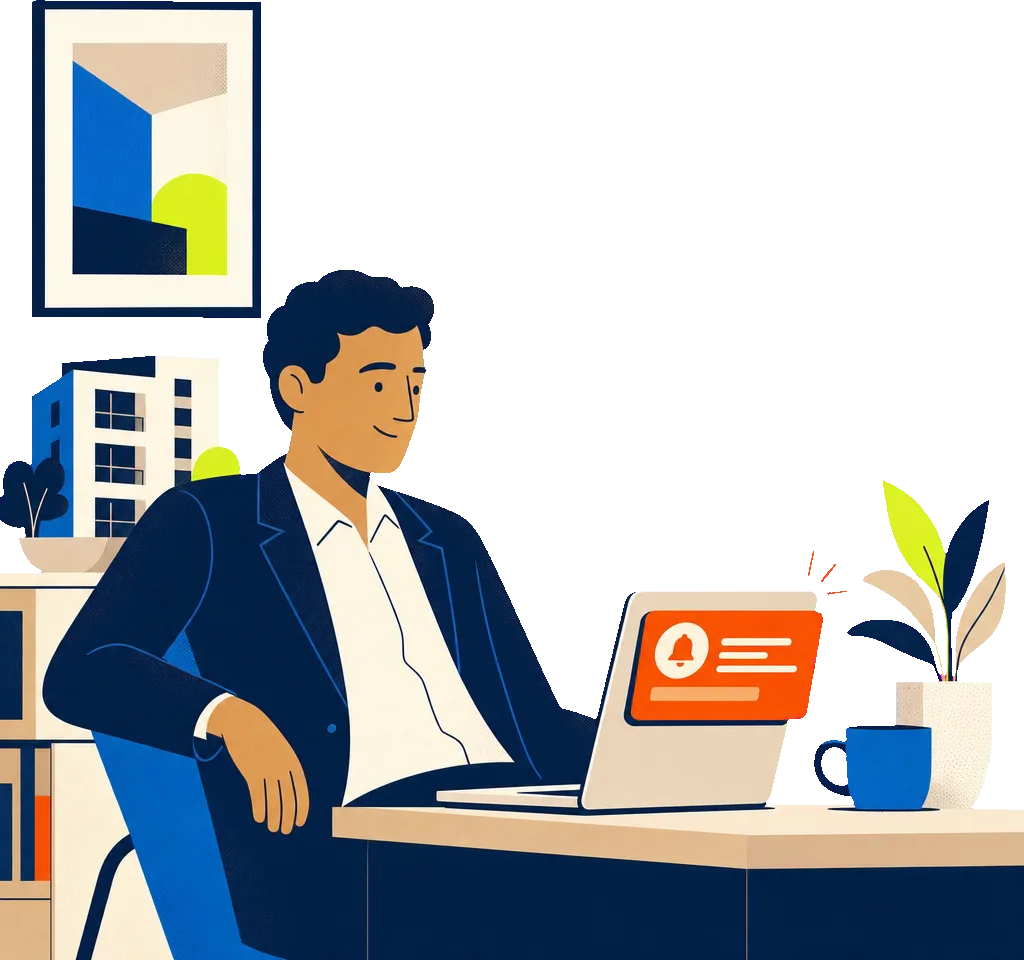 A property manager at a desk, relaxed, as an update arrives on their laptop.