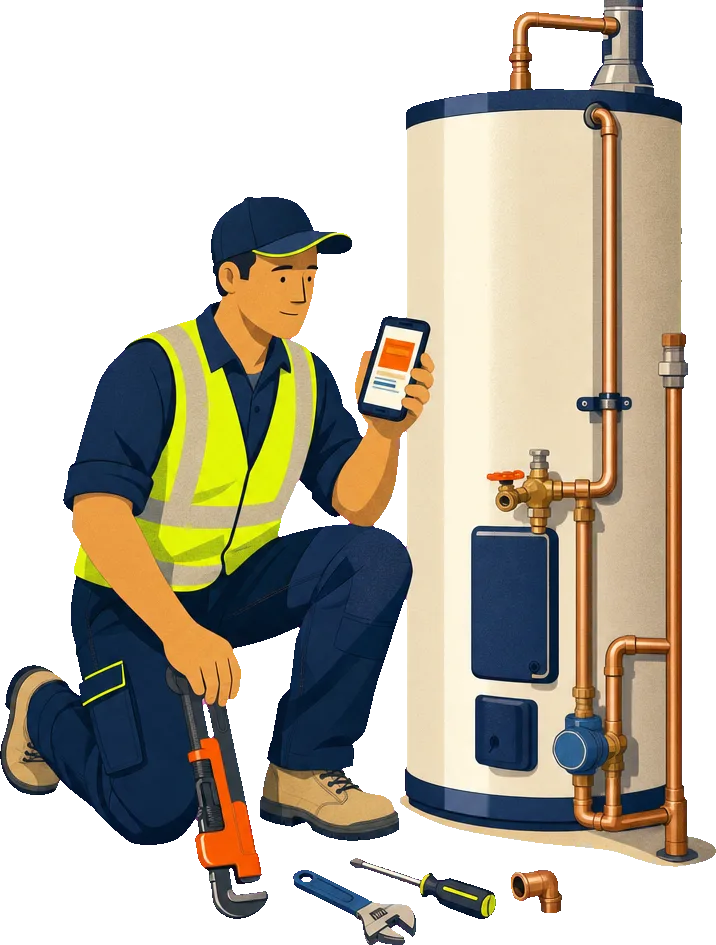 A plumber kneeling beside a hot water cylinder, checking the job on their phone.