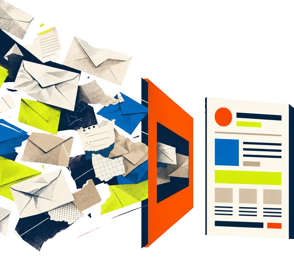 A tangle of envelopes and paper funnelling through into one tidy, structured job card.