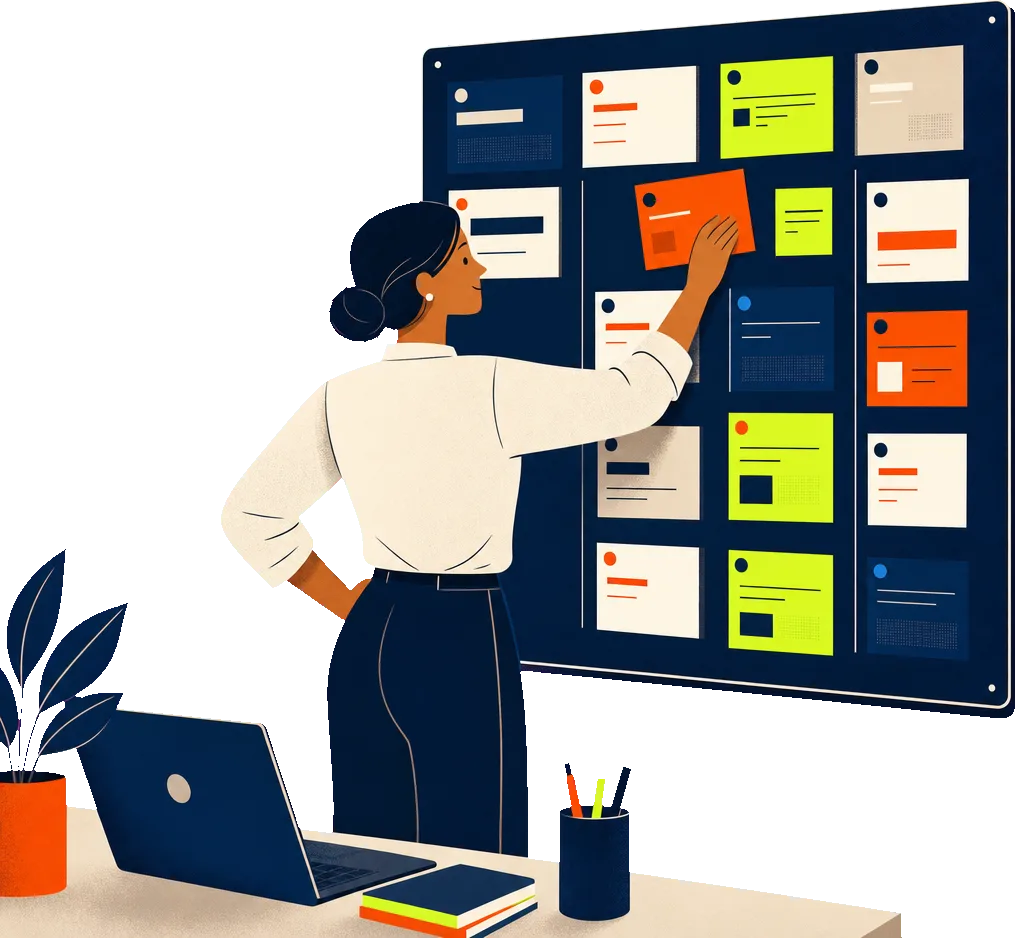 An office manager moving a job card into place on a wall-sized board of work orders.