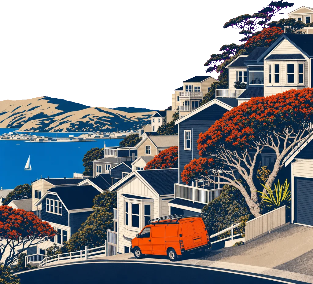 A steep Wellington hillside of weatherboard houses above the harbour, a work van parked on the roadside.
